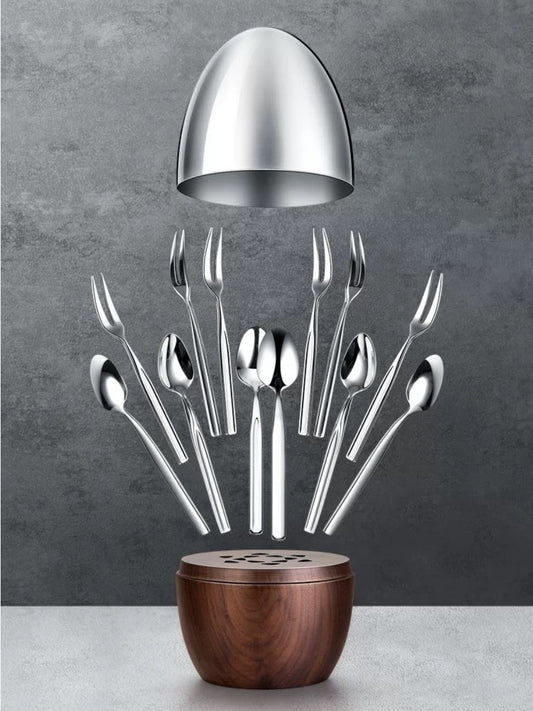 Egg-Shaped Luxury Dessert Fork and Spoon Set with Walnut Wood Base - Chic Chambers